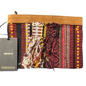 NWT Shiraleah Chicago Pouch Clutch Woven Cotton Leather Trim Zip